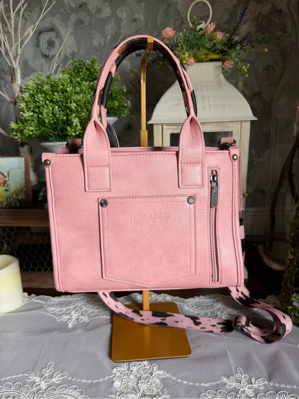 Wrangler Pink Black Brown Cowprint Medium Satchel handbag Purse